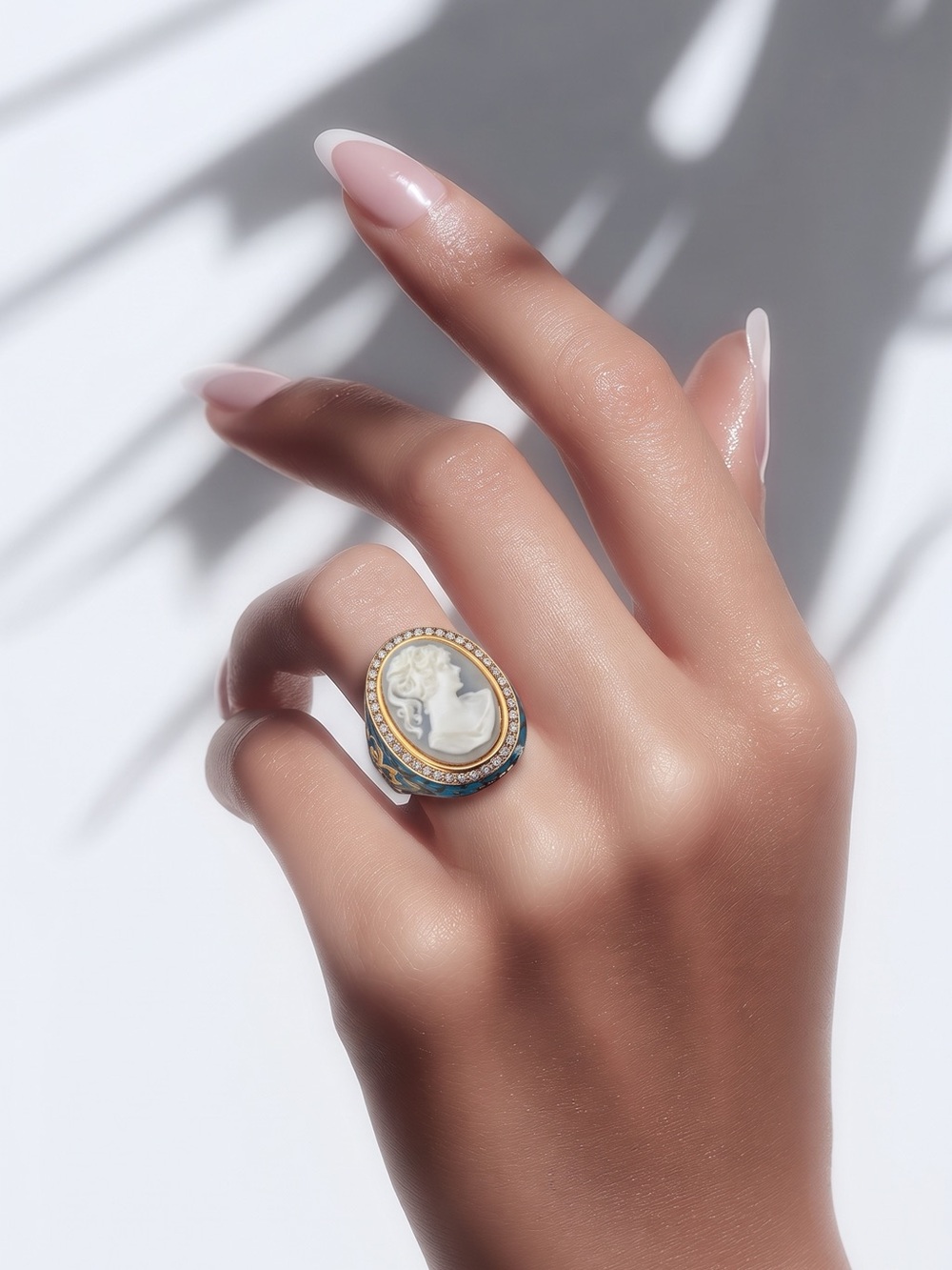 Cameo Portrait Statement Ring in Blue and Gold- Cocktail Ring